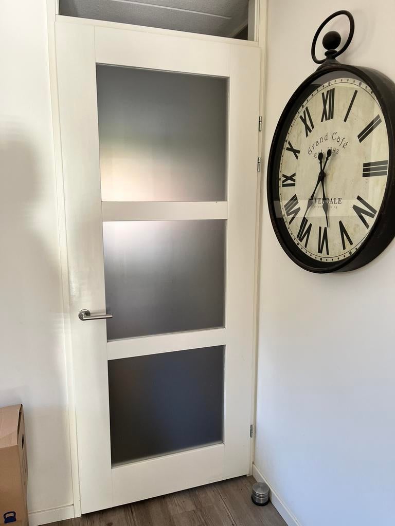 Opdekdeur rechtsdraaiend met melkglas en klink, Ophalen, Gebruikt, 80 tot 100 cm, 215 cm of meer