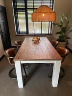 Eettafel met houten blad en wit onderstel, Ophalen, Gebruikt, 50 tot 100 cm, Vijf personen of meer