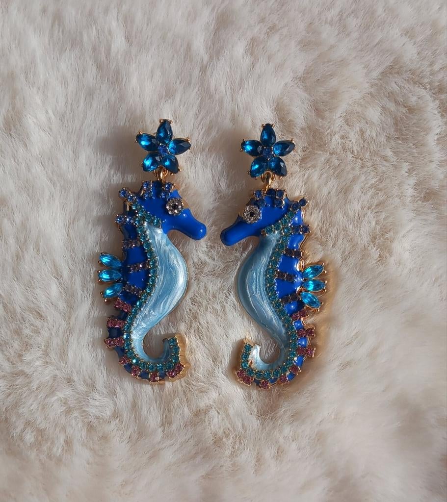 Zeepaardjes Oorbellen met Strass - Blauw/Roze, Overige materialen, Hangers, Blauw, Nieuw