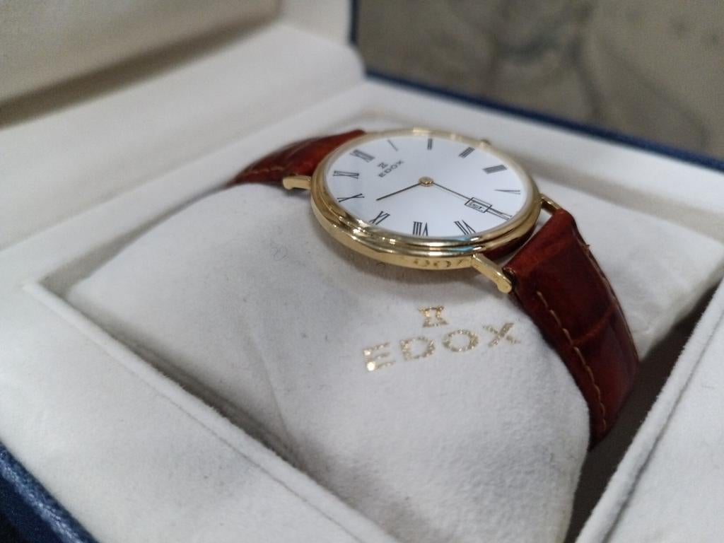 Edox 18 Karaat Goud Quartz Horloge - 17.25 gram, Sieraden, Tassen en Uiterlijk, Horloges | Heren, Overige merken, Leer, Polshorloge