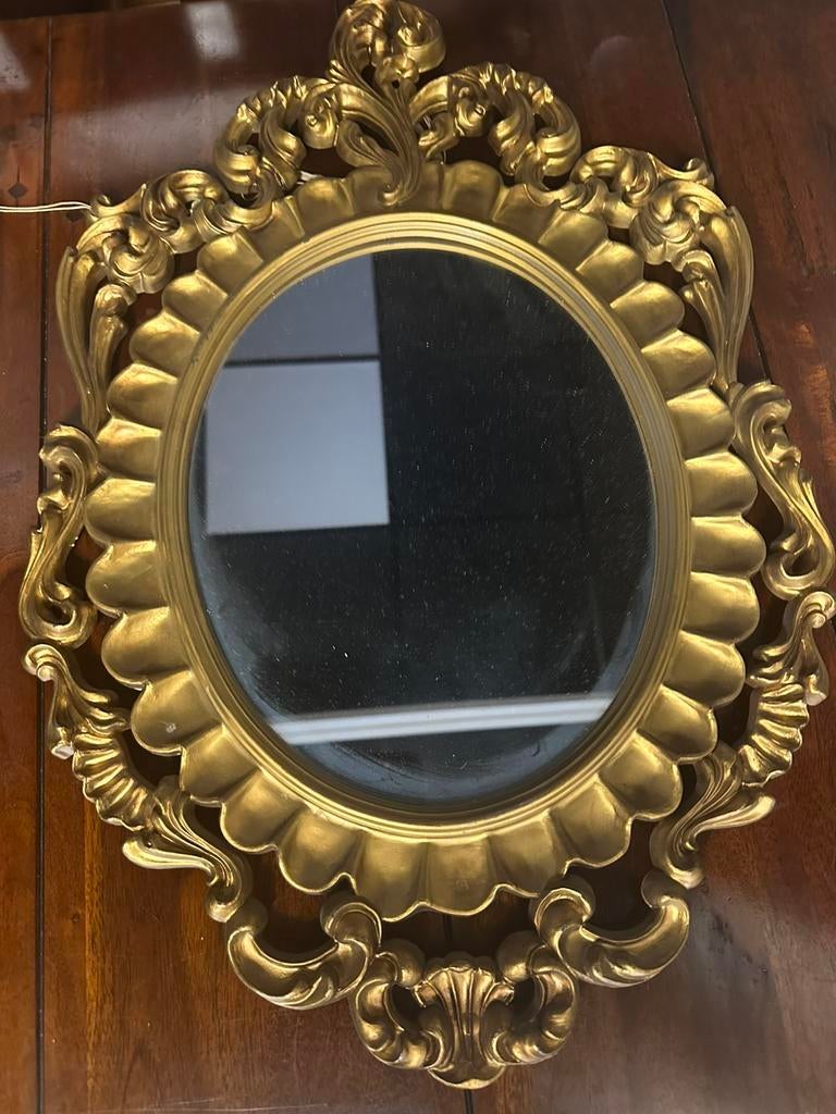Vintage kunststof spiegel goud, Ophalen of Verzenden, Ovaal, Minder dan 50 cm