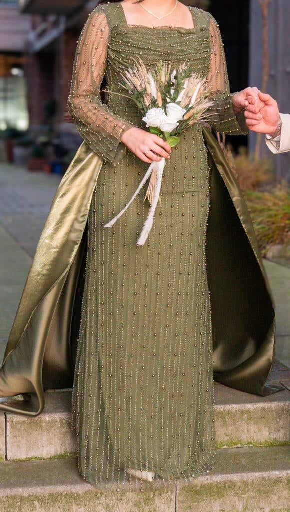 Avondjurk/abiye khaki, Maat 38/40 (M), Galajurk, Ophalen of Verzenden, Zo goed als nieuw