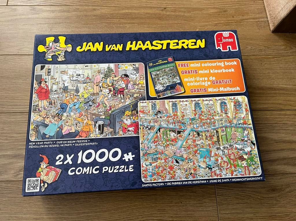 2 Jan van Haasteren puzzels in doos, Ophalen of Verzenden, 500 t/m 1500 stukjes, Zo goed als nieuw, Legpuzzel