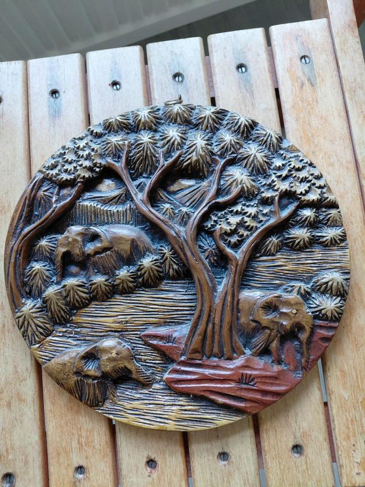 Thais houtsnijwerk olifantanten 25x25 cm, Antiek en Kunst, Kunst | Beelden en Houtsnijwerken, Ophalen of Verzenden