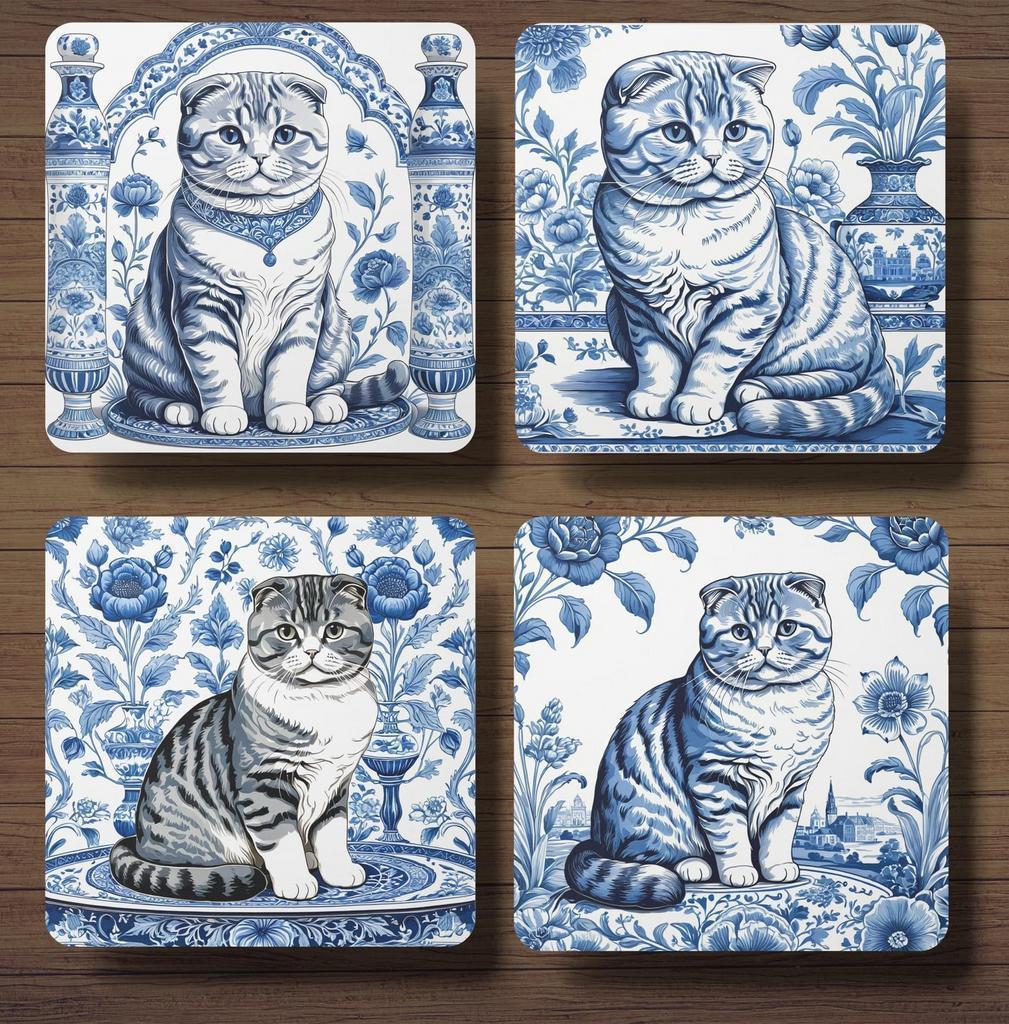 Scottish Fold Delfts Blauw onderzetters met houder, Ophalen of Verzenden, Nieuw, Glas of Kopje
