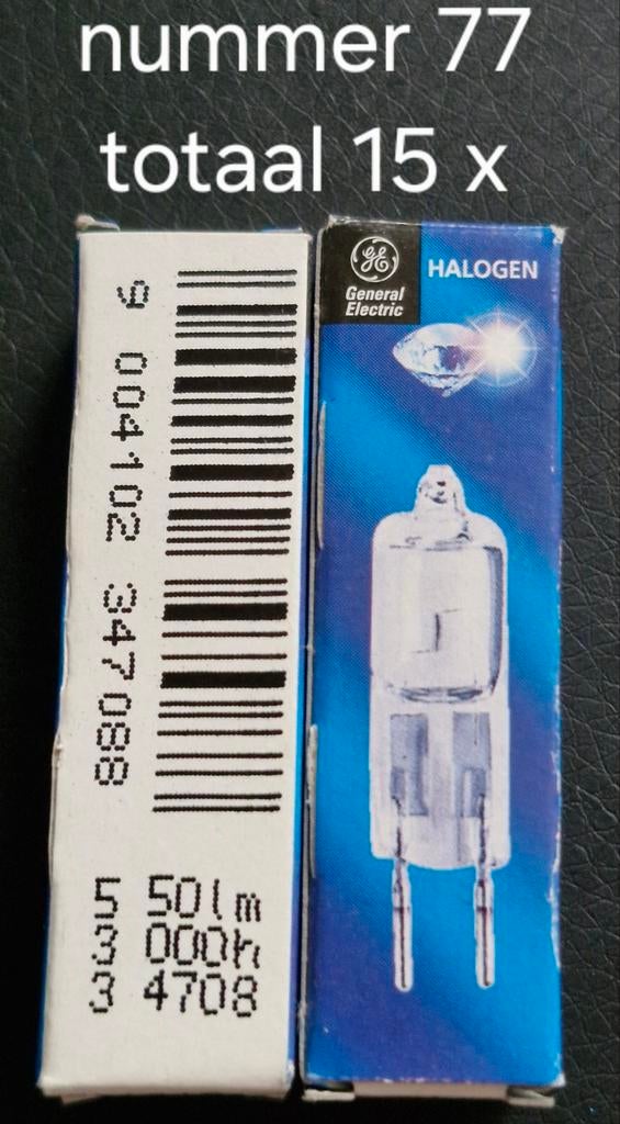 Nr. 77 General Electric, Minder dan 30 watt, Halogeen (gloei)lamp, Nieuw, Bipin of Steekvoet