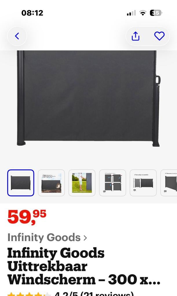 Windscherm oprolbaar, Tuin en Terras, Aluminium, Ophalen of Verzenden, Zo goed als nieuw, 200 cm of meer