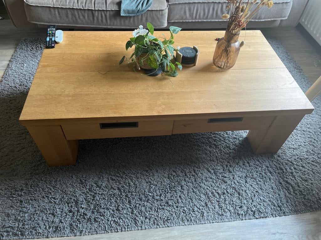Den Bommel - Massief Eikenhouten salontafel en tv-meubel, Ophalen, Gebruikt, 100 tot 150 cm, Eikenhout