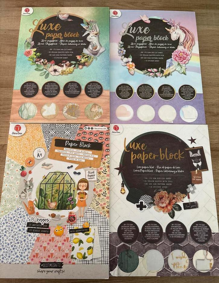 12 stuks gebruikte Decotime Luxe papier blokken, Hobby en Vrije tijd, Scrapbooking, Gebruikt, Papier of Karton, Overige merken