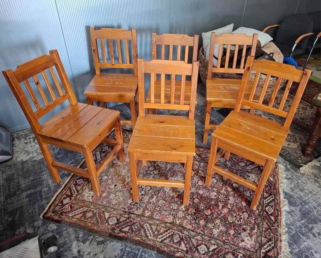 Kei toffe vintage set van 6 Massief Oud Grenen stoelen., Huis en Inrichting, Stoelen, Ophalen, Gebruikt, Hout