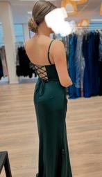 Petrol groene satijnen gala jurk, hoge split, waterval hals, Maat 38/40 (M), Galajurk, Nieuw, Ophalen of Verzenden