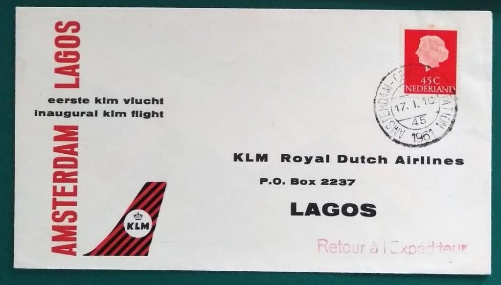 KLM envelop openingsvlucht naar Lagos 1961, Postzegels en Munten, Brieven en Enveloppen | Nederland, Verzenden, Envelop