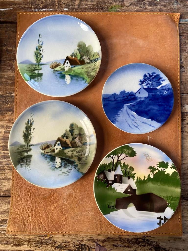Vier art deco wandborden met landschappen, Antiek en Kunst, Antiek | Wandborden en Tegels, Ophalen of Verzenden