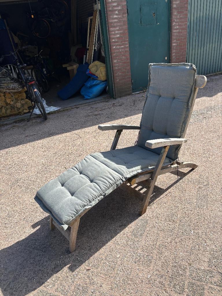 Ligstoel / Deckchair met kussen, Ophalen, Gebruikt, Teakhout, Inklapbaar