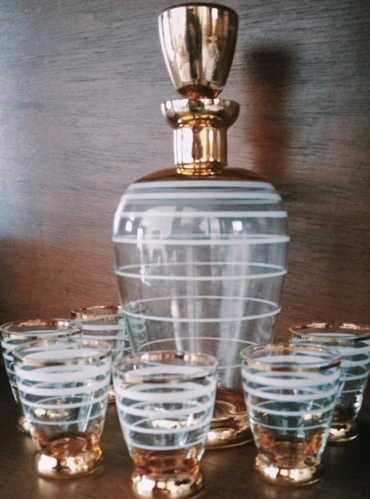 Antiek likeur Set Italiaans met Goud & 6 Glaasjes, Ophalen