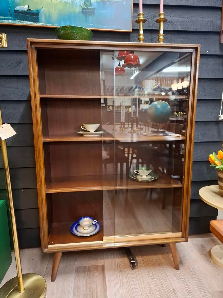 Vintage Formule wandkast wandmeubel teak kast mid century, Ophalen, Met deur(en), Glas, 100 tot 150 cm