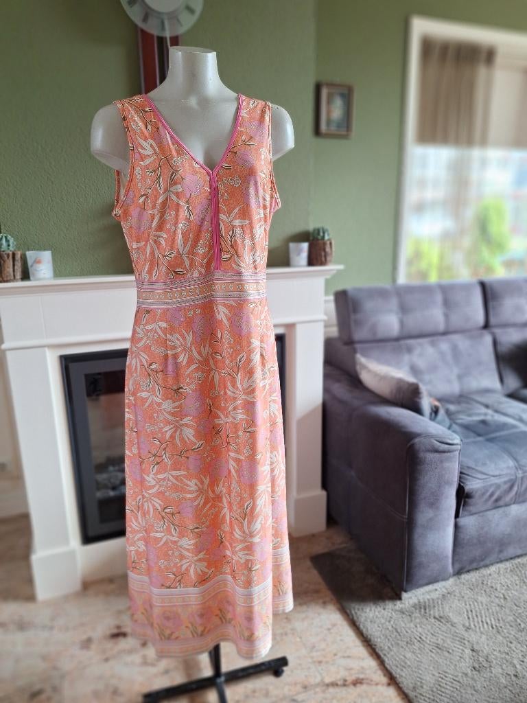 K-Design zomerse oranje lange jurk L met roze bies, K-design, Verzenden, Maat 42/44 (L), Oranje