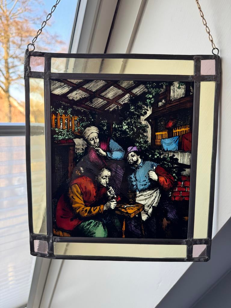 Glas in lood hanger vrij naar de Rokers van Ostade, Ophalen of Verzenden