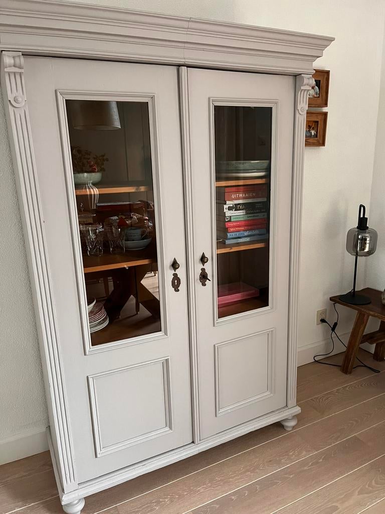 Grenen oude vitrine kast, Ophalen, 50 tot 100 cm, Zo goed als nieuw, 150 tot 200 cm