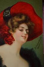 FRANKRIJK 1910 PORTRET VROUW RODE HOED ROOS KLAPROOS, Ophalen of Verzenden, Voor 1920, Ongelopen, Overige thema's
