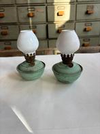 Antiek Engels olielampenset, groen metalen reservoir., Ophalen of Verzenden