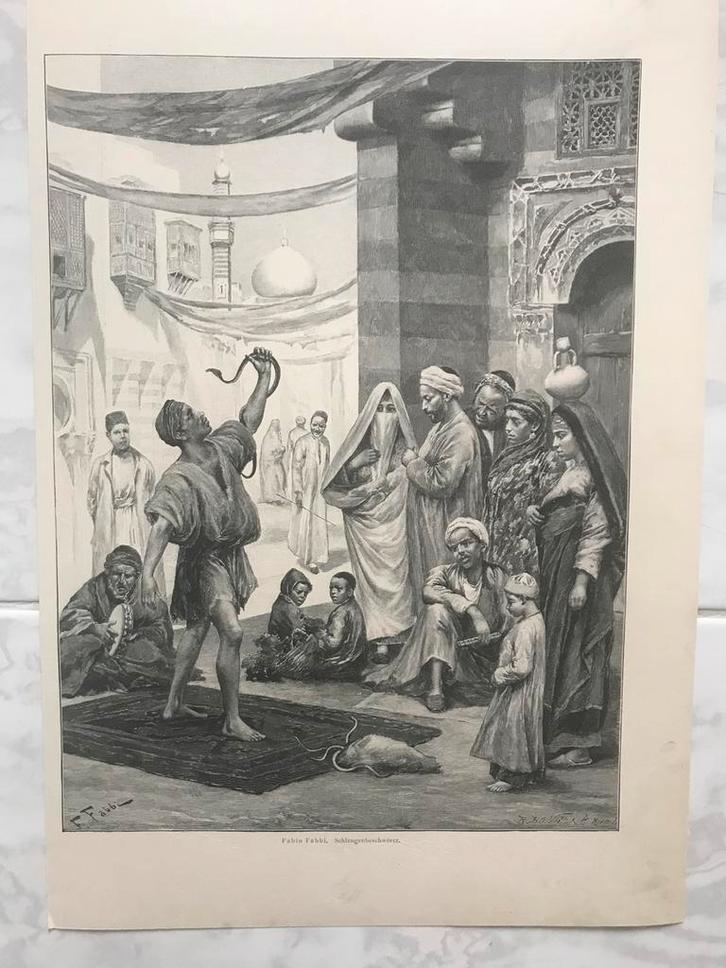 Fabio Fabbi: Schlangenbeschwörer or. gravure 1895, 31x23cm., Antiek en Kunst, Kunst | Etsen en Gravures, Ophalen of Verzenden