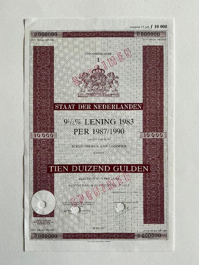 9½% Staatslening 1983 per 87/90, 10.000 Gulden, Specimen, Ophalen of Verzenden, 1970 tot heden, Obligatie of Lening