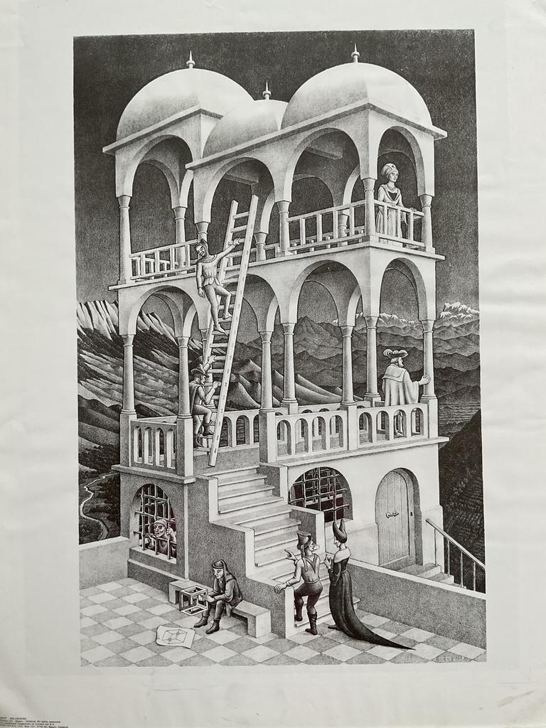M.C. Escher - Belvedère , gesigneerd, ingelijst, Ophalen of Verzenden, Overige technieken, Gesigneerd, 1950 - 1999