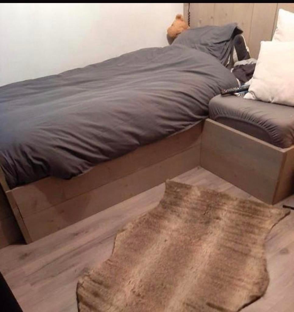 Steigerhouten bed met hoofdbord, poef en tv-kast, Ophalen, Eenpersoons, Bruin, Landelijk, Robuust