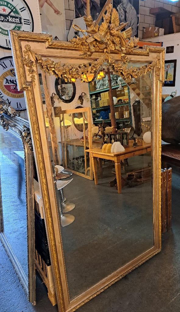 Grote echte antieke Franse spiegel met facet geslepen glas, Antiek en Kunst, Ophalen, Rechthoekig