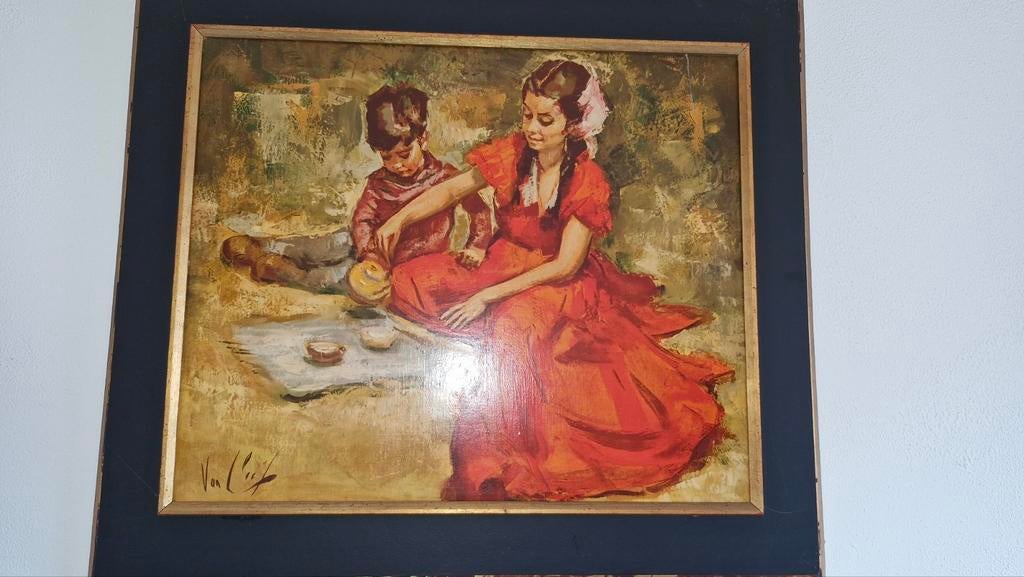 Schilderij moeder en kind, gesigneerd Van Dijk, Antiek en Kunst, Kunst | Schilderijen | Klassiek, Ophalen