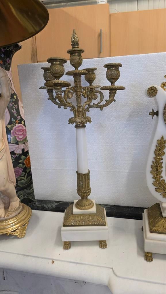 Empire Lierpendule met Kandelaars - Marmer & Brons, Ophalen of Verzenden
