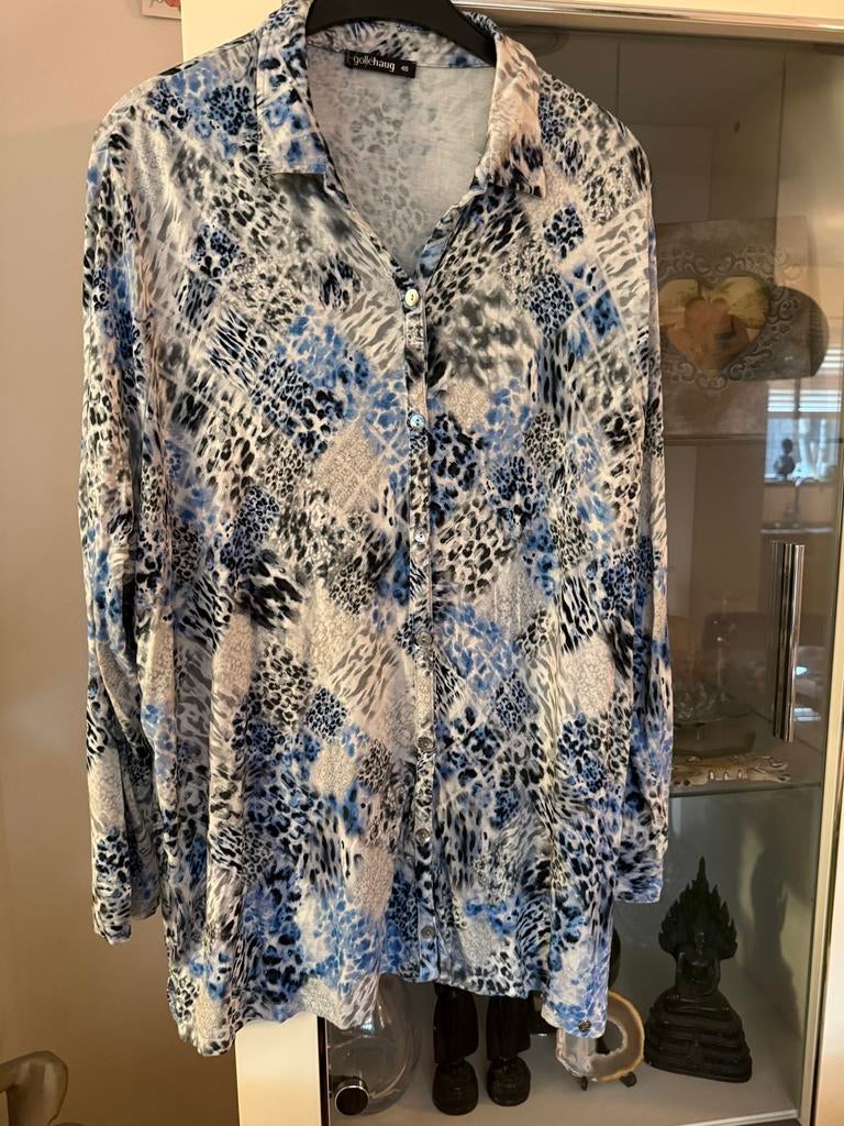 Gollehaug Blouse Maat 48 - Blauw/Wit/Zwart Print, Ophalen of Verzenden, Zo goed als nieuw, Blauw, Blouse of Tuniek