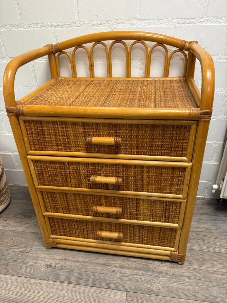 ZGAN vintage rotan bamboe ladenkastje, Ophalen, 50 tot 100 cm, Zo goed als nieuw, 3 of 4 laden