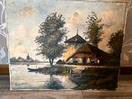 Olieverf schilderij op canvas - Landschap met huis, Antiek en Kunst, Kunst | Schilderijen | Klassiek, Ophalen
