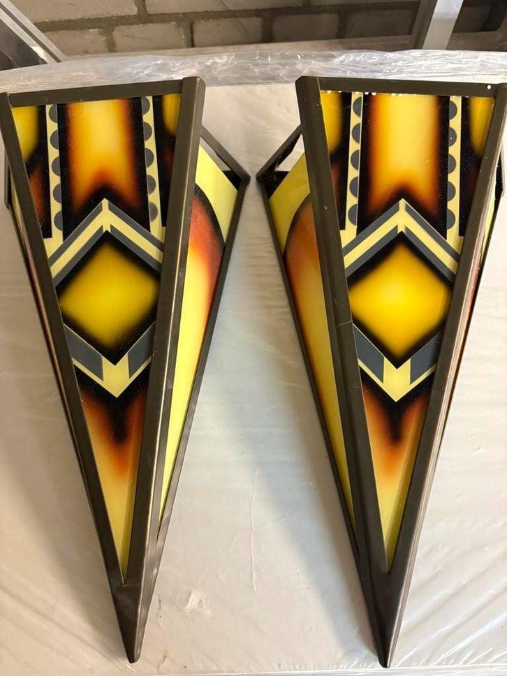 Twee unieke Art Deco wandlampen - koper & glas vintage stijl, Antiek en Kunst, Antiek | Lampen, Ophalen of Verzenden