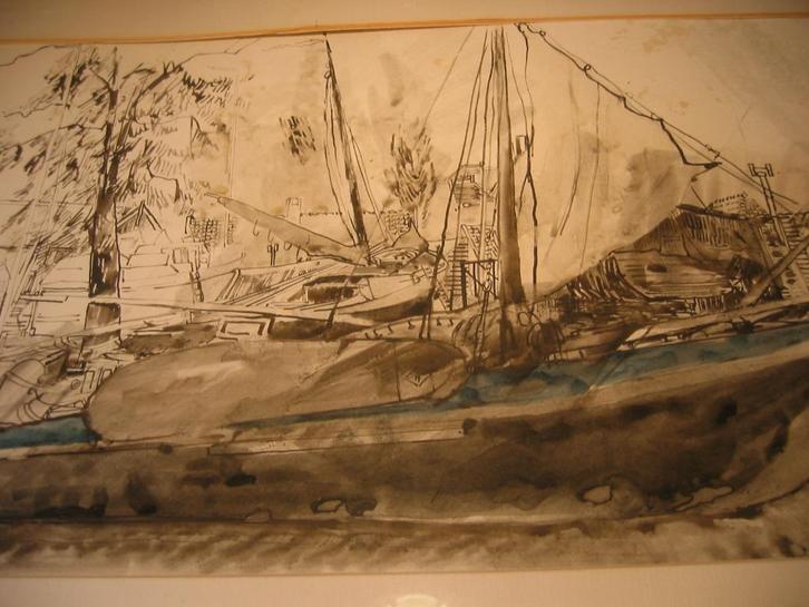 Tekening Boten in haven, Antiek en Kunst, Kunst | Schilderijen | Klassiek, Ophalen