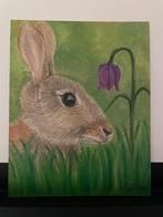 Konijn met Kievitsbloem - Origineel Olieverf Schilderij, Ophalen of Verzenden