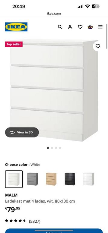 IKEA MALM Ladekast met 4 zijden, wit, 80x100 cm beschikbaar voor biedingen