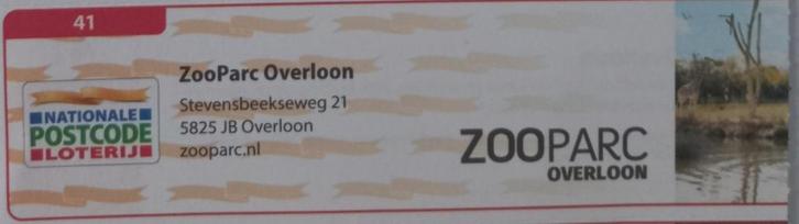 Postcodeloterij bon 41 ZooParc Overloon, Tickets en Kaartjes, Kortingen en Cadeaubonnen, Drie personen of meer, Overige typen