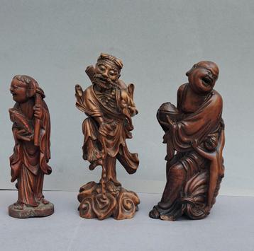 Drie Vintage Palmhouten Beeldjes - China Onsterfelijken  beschikbaar voor biedingen
