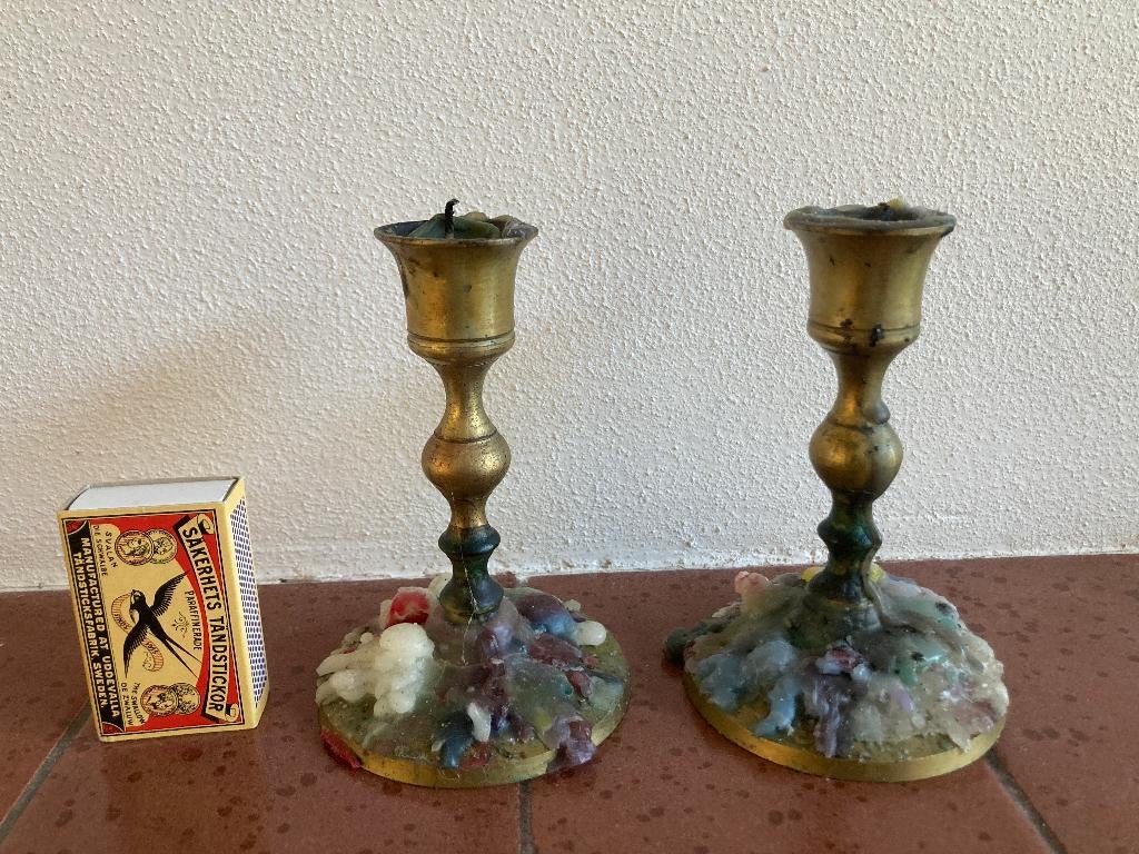 2 korte kleine koper brons kaarshouders duo setje kandelaar, Ophalen of Verzenden, Koper of Brons