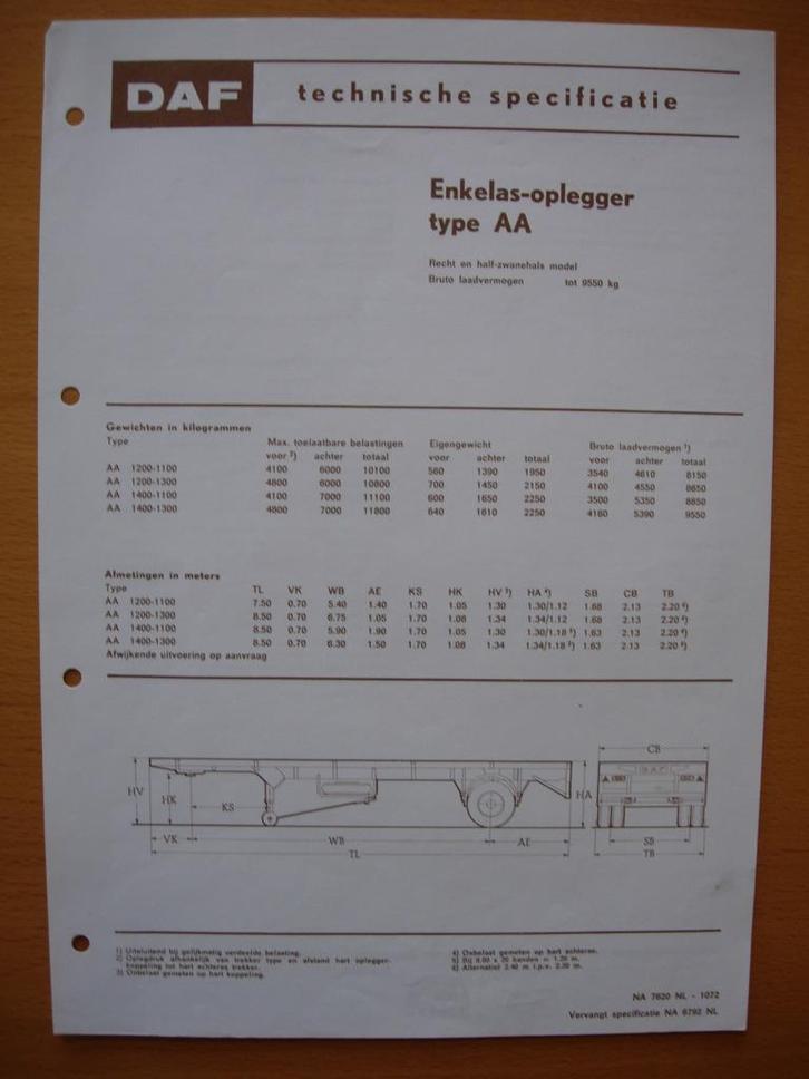 DAF AA Oplegger Technische Specificatie folder 1972, Boeken, Auto's | Folders en Tijdschriften, Zo goed als nieuw, Overige merken