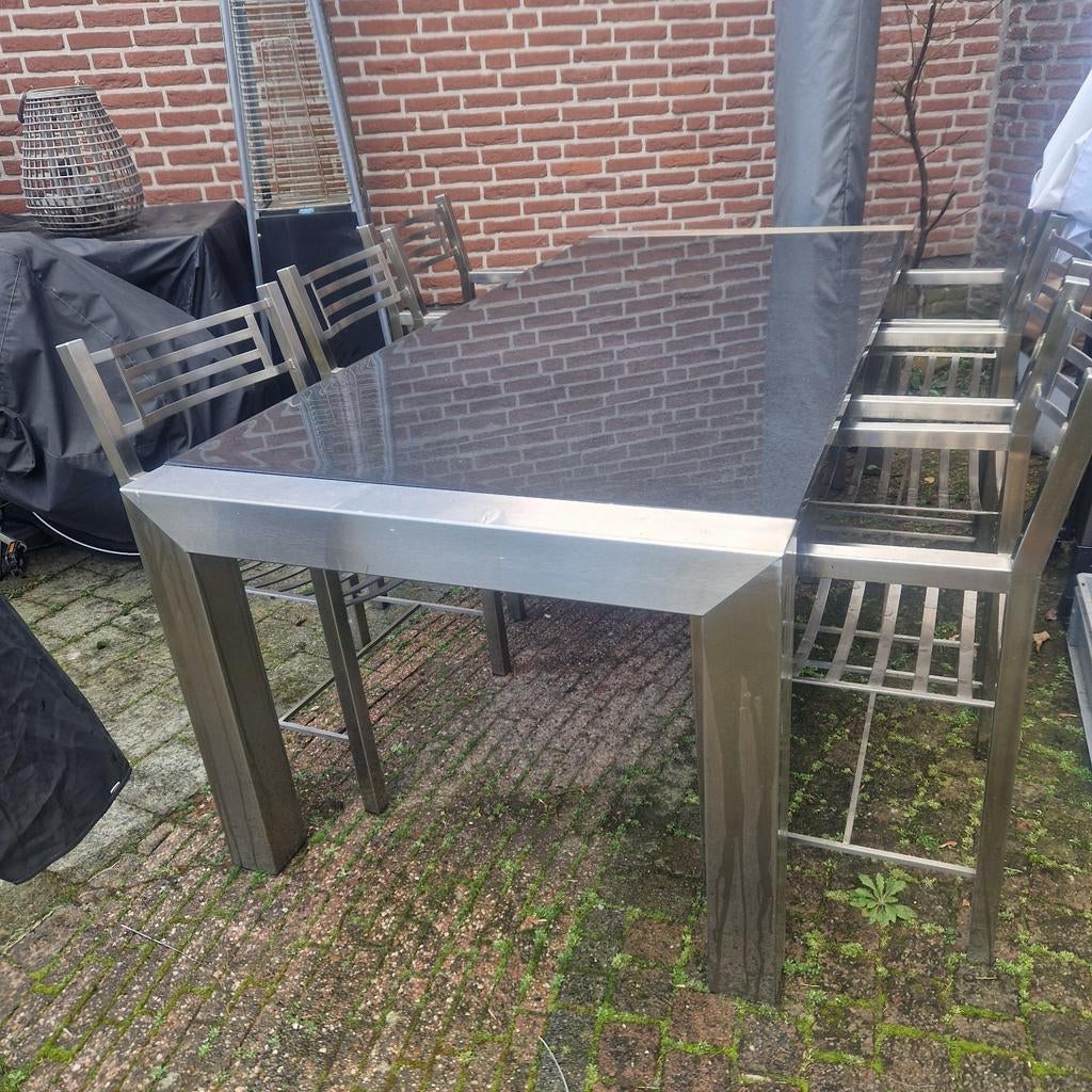 RVS tuintafelset met natuursteen blad, Tuin en Terras, Tuinsets en Loungesets, Gebruikt, Tuinset, Rvs, 6 zitplaatsen, Eettafel