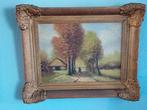 antiek schilderij boerderij met bomen geschilderd gesigneerd, Ophalen of Verzenden