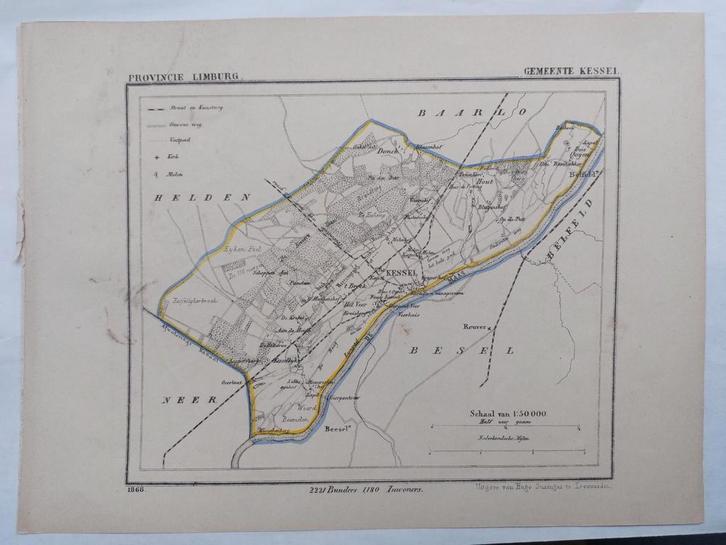 29 / Gemeente Kessel Limburg  Litho uit 1868 door J. Kuyper, Antiek en Kunst, Kunst | Litho's en Zeefdrukken, Ophalen of Verzenden
