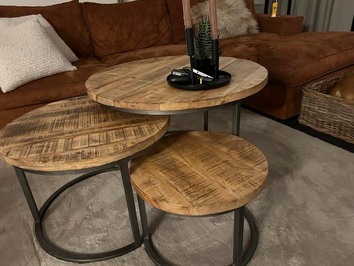 Mangohout Salon Tafel Set - 3 Delig, Huis en Inrichting, Tafels | Salontafels, Gebruikt, Minder dan 50 cm, 50 tot 100 cm, Rond