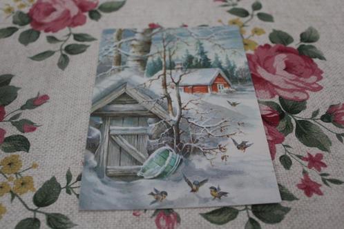 Kerst Postkaart - Rood Huis en Vogels in de Sneeuw, Zweden, Verzamelen, Ansichtkaarten | Themakaarten, Gelopen, 1980 tot heden