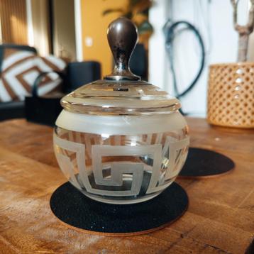 Griekse Glazen Suikerpot Glas Meander Kristal Matglas Antiek beschikbaar voor biedingen