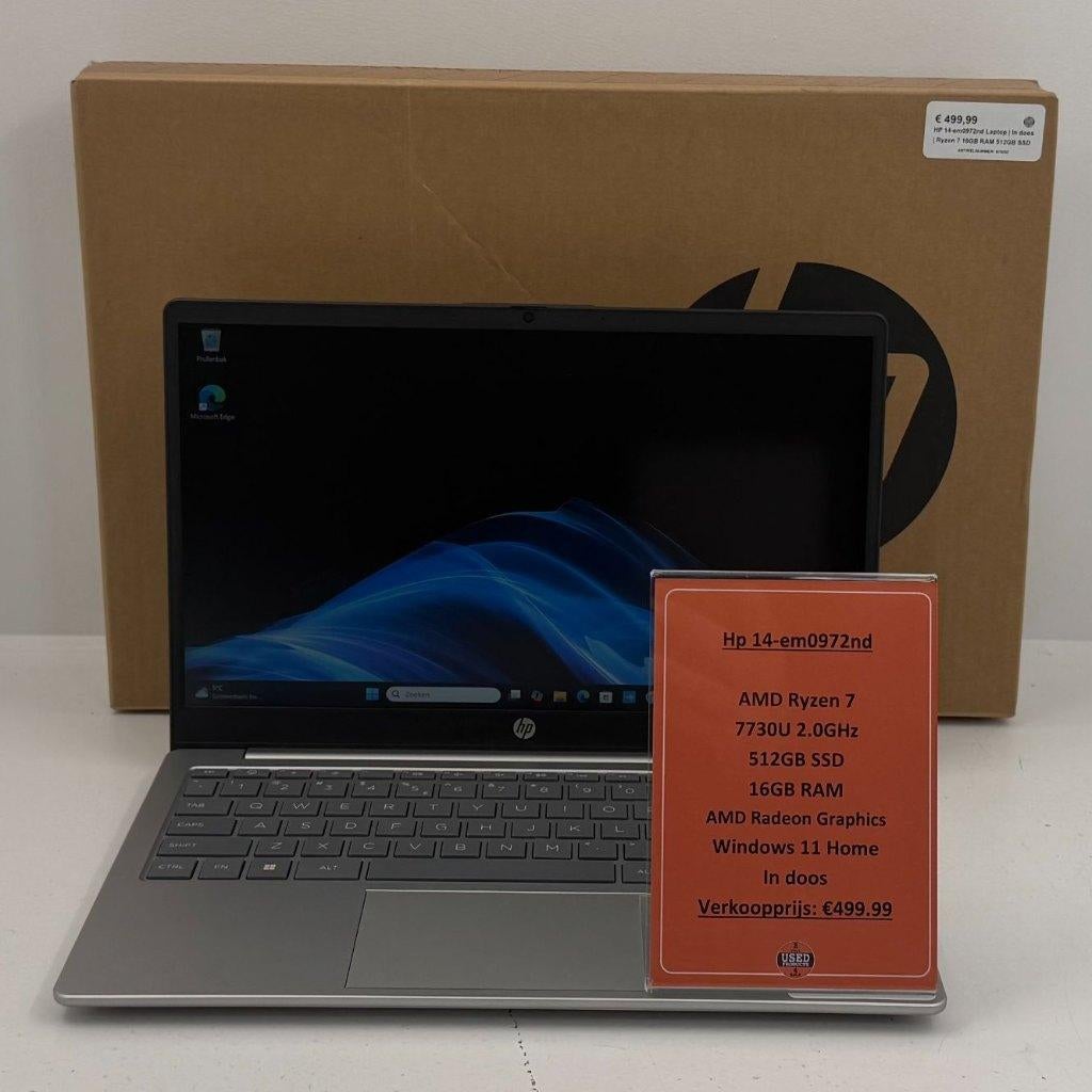 HP 14-em0972nd Laptop | In doos | Ryzen 7 16GB RAM 512GB SSD, Met videokaart, 2 tot 3 Ghz, Qwerty, Dordrecht@usedproducts.nl